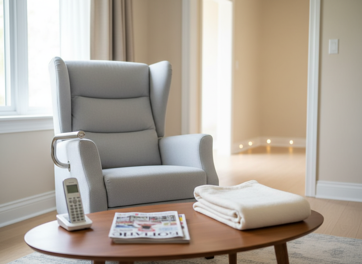 A serene living room prepared for an elderly person with reduced mobility, featuring a high-backed ergonomic armchair in soft dove-grey fabric, a sturdy armrest grab bar discreetly installed at its side, and a low, rounded coffee table with no sharp edges. On the table are large-print magazines, a neatly folded wool blanket, and a cordless phone resting on a charging base. In the background, a wide, clutter-free passage leads toward a well-lit hallway with strategically placed nightlights. Natural daylight from a side window illuminates the scene with soft, even lighting, enhancing the photographic realism. Framed with a wide, eye-level composition, the atmosphere is welcoming, safe, and respectful of autonomy, highlighting thoughtful environmental adaptations in home care.