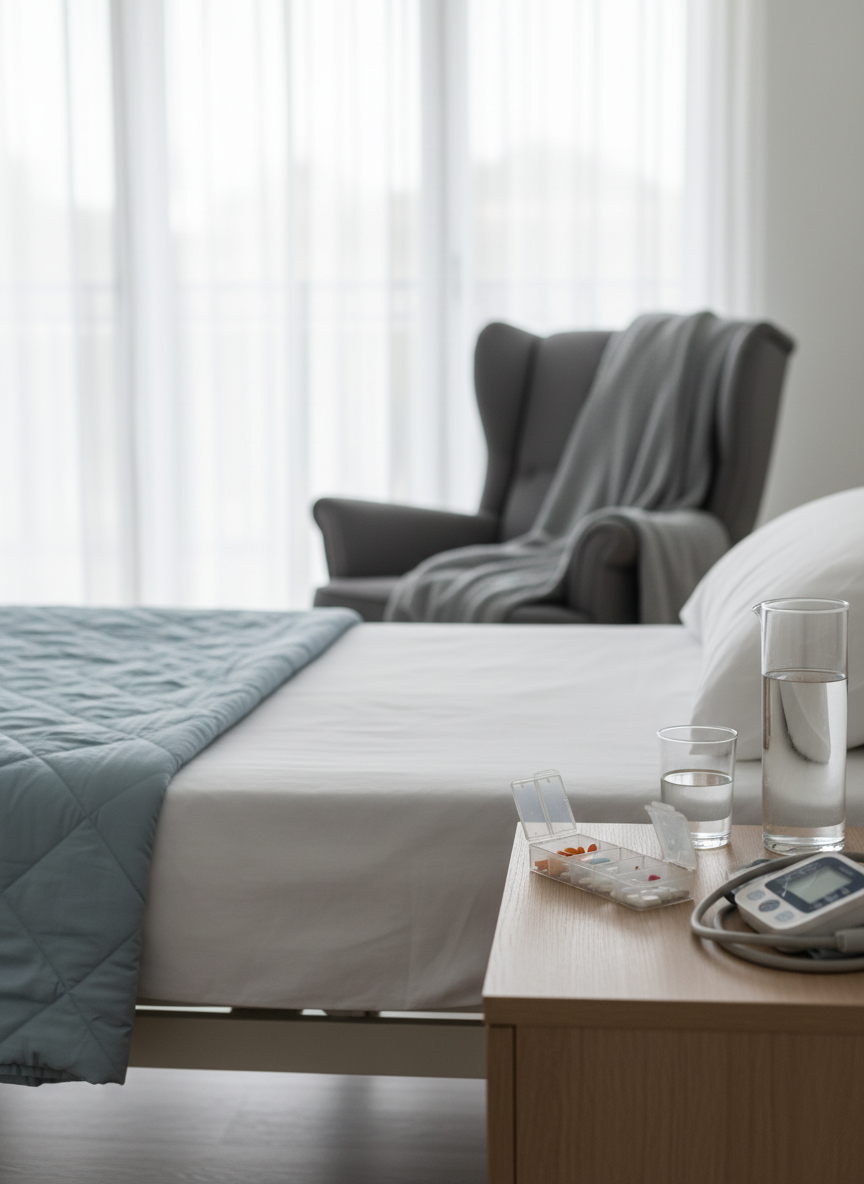 A tidy living room corner arranged for home care, with a neatly made adjustable bed featuring crisp white linens and a pale blue quilt folded at the foot. Next to the bed stands a light oak bedside table holding an open pill organizer, a carafe of water, and a digital blood pressure monitor neatly coiled. In the background, a comfortable armchair with a soft grey throw faces a bright window with sheer curtains. Soft morning daylight fills the room, creating gentle, realistic shadows. Shot at eye level in photographic realism with a shallow depth of field, the foreground in sharp focus and the rest slightly blurred, the mood is calm, professional, and reassuring, evoking safety and dignified home assistance without human presence.