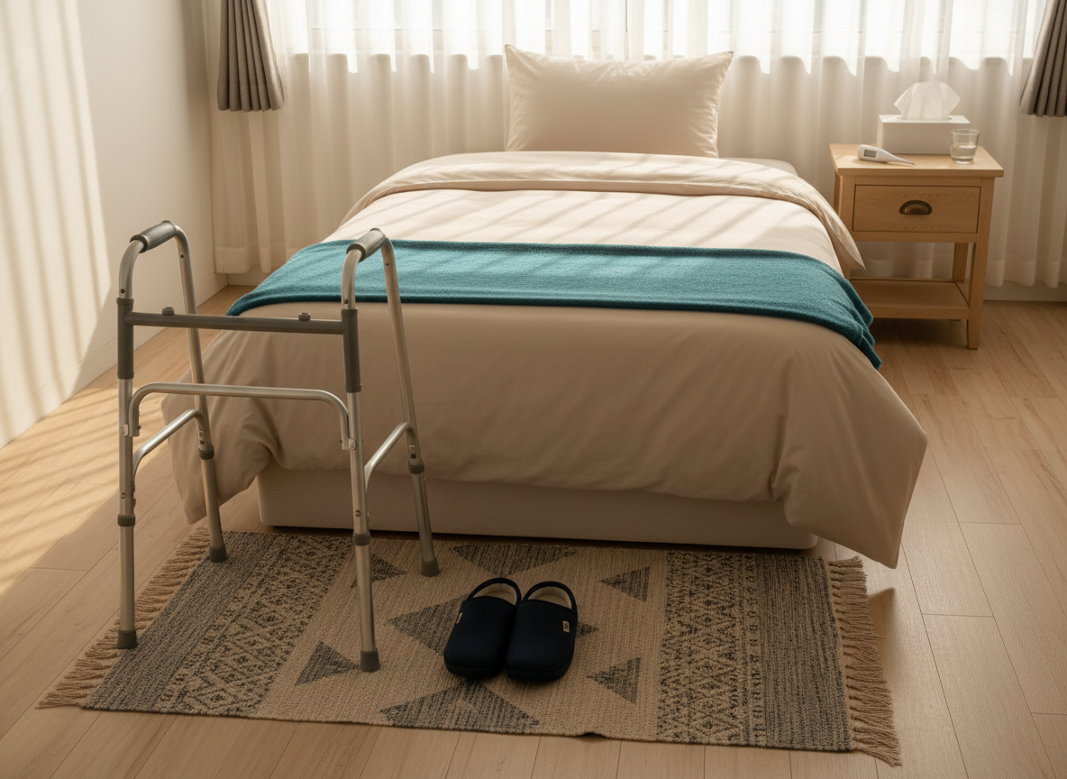 A cozy bedroom set up for temporary post-operative home assistance, featuring a neatly made single bed with a light beige cover and a soft teal blanket folded at the edge. A collapsible walking frame stands beside the bed, its metallic structure clean and well maintained, while a pair of supportive, closed-heel slippers rests on a small woven rug. On the wooden nightstand, a digital thermometer, a box of tissues, and a glass of water are arranged with care. Warm afternoon light enters through a window with sheer curtains, creating a gentle, golden glow. Photographic realism at a slightly elevated angle emphasizes the accessible layout, conveying comfort, safety, and attentive, person-centered support without showing any people.