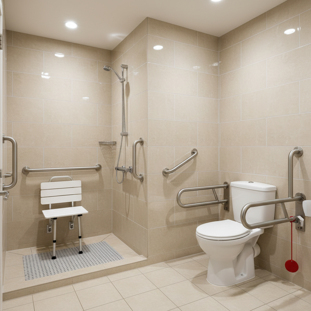 A supportive bathroom environment adapted for a person with disability, captured in photographic realism. A walk-in shower with a foldable white seat and stainless steel grab bars stands against light sand-colored tiles. A non-slip mat with a subtle texture lies on the shower floor, while a height-adjustable showerhead is neatly positioned. Nearby, a raised toilet with side support rails and a discreet emergency pull cord emphasize safety. Bright, diffused overhead lighting creates even illumination without harsh shadows, highlighting clean surfaces and subtle reflections. Shot at an eye-level angle with a wide composition, the space appears accessible, hygienic, and thoughtfully designed, conveying the cooperative’s attention to dignity, independence, and secure daily routines at home.