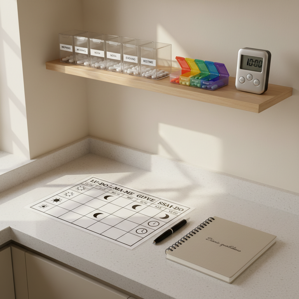 A meticulously organized medication management corner in a kitchen, with a light wooden shelf mounted on a pale, clean wall. The shelf holds a row of clearly labeled medication boxes, a weekly pill organizer with colored compartments, and a digital timer. Below, on the countertop, lies a laminated medication schedule chart with icons and large fonts, alongside a pen and a closed notebook labeled “Diario quotidiano”. Soft, diffused daylight from an unseen window lights the scene, creating gentle, natural shadows and realistic textures. Photographic realism, a slightly top-down camera angle, and a balanced composition evoke precision, clarity, and the reassuring structure of professional home assistance for chronic conditions, while keeping the environment warm and homely.