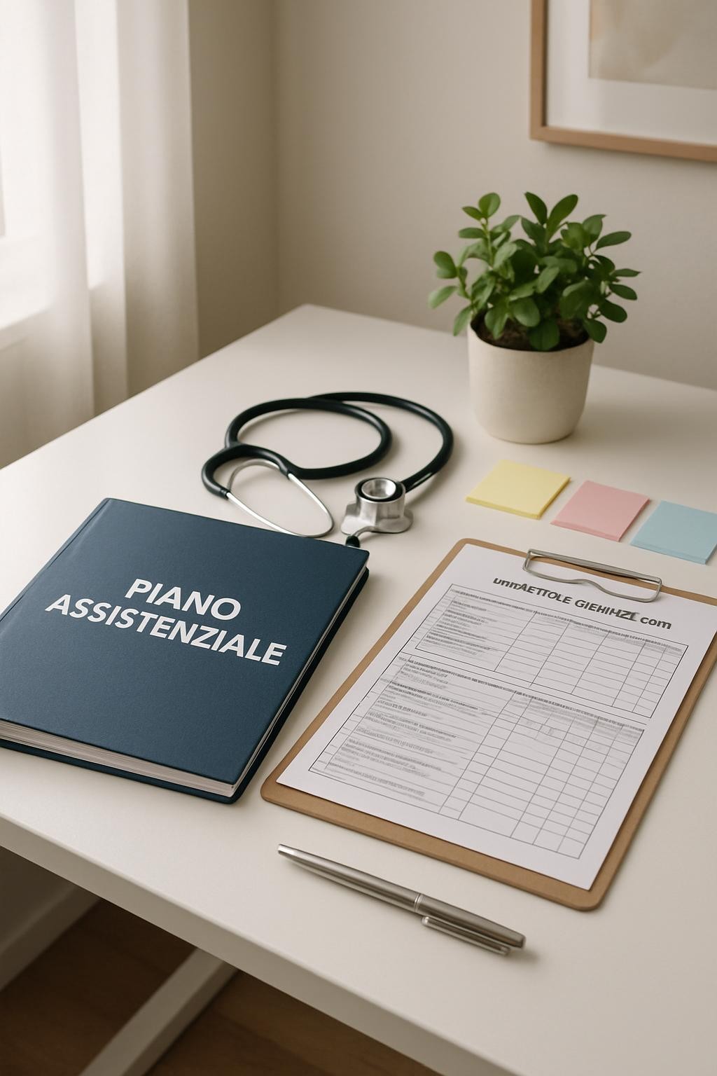 A bright, organized home care workstation on a simple white desk, featuring a closed dark blue folder labeled “Piano Assistenziale” in Italian, a neatly arranged stethoscope, a clipboard with structured assessment forms, color-coded sticky notes, and a silver pen aligned precisely. A small potted green plant softens the scene at the corner. The desk is positioned near a window with diffused daylight filtering through, casting soft, realistic shadows and subtle reflections on the smooth surface. The background shows a blurred, neutral-colored wall with a framed abstract print. Photographic realism, eye-level composition, and a clean, modern aesthetic convey professionalism, reliability, and meticulous organization in domiciliary care planning.