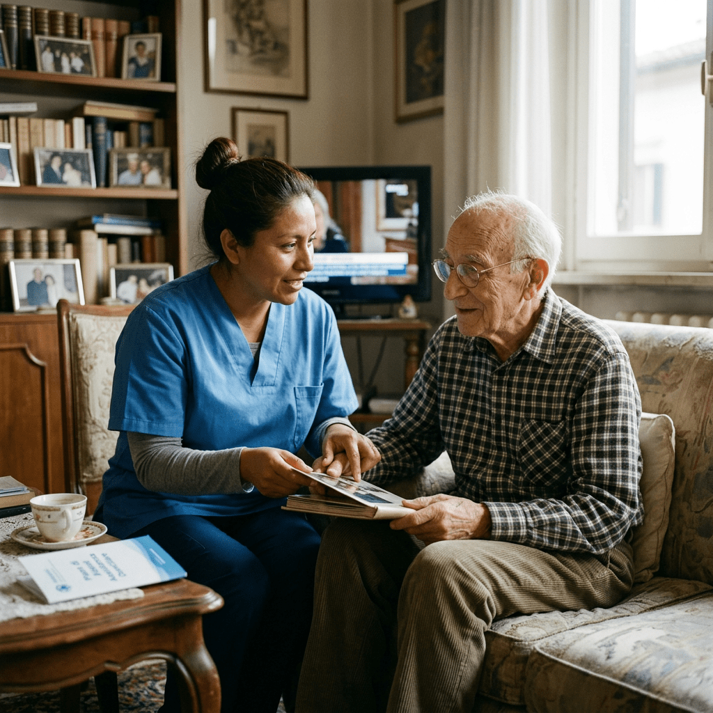 Caregiver in blue scrubs and elderly man looking at photo album on a couch
