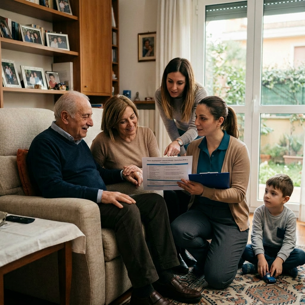 Nurse in blue scrubs showing a care plan to an elderly man and woman at home